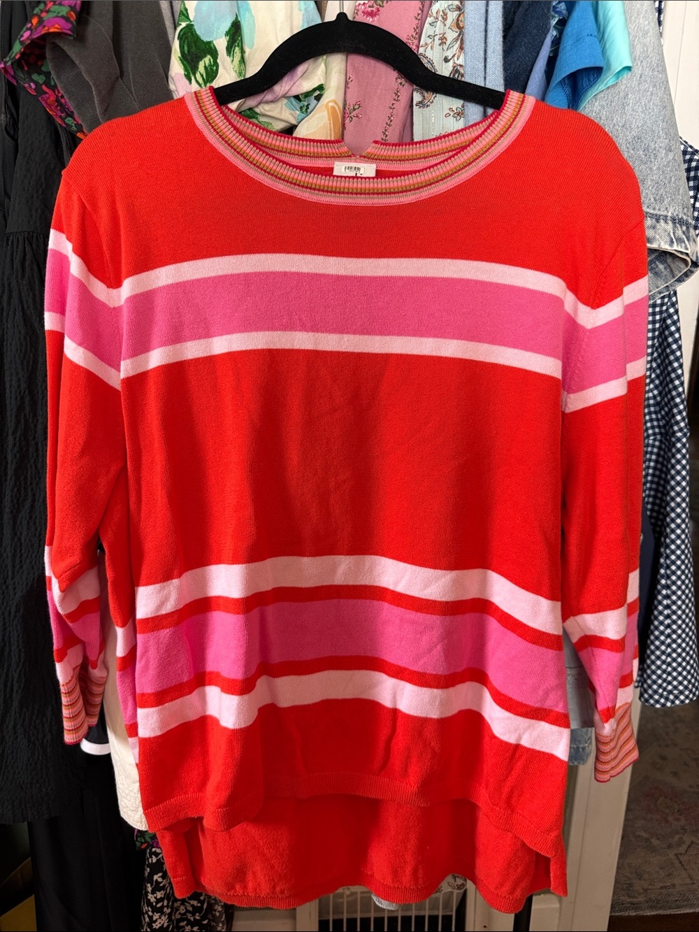 cAbi Bright Red & Pink Striped Lightweight Sweater - Size XL